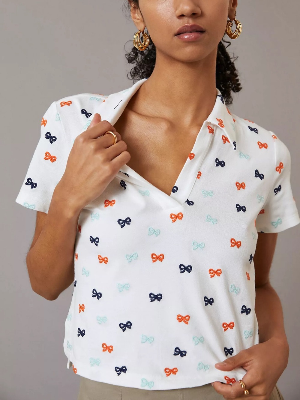 Maeve Anthropologie Embroidered Bow Polo Crop Top Large